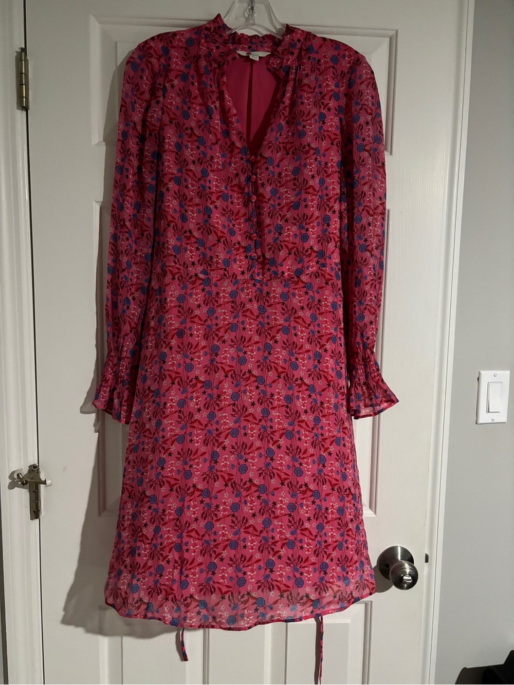 Boden Pink & Blue Floral Long-Sleeve Tie-Waist Viscose Dress - Size 6